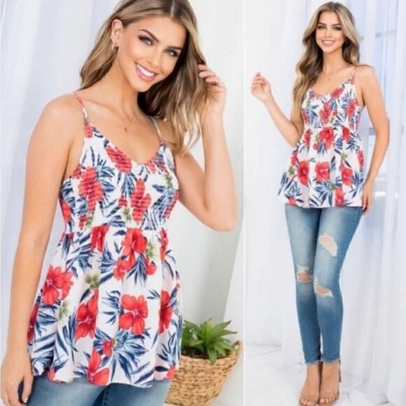 Perfect Peach Tropical Hibiscus Hawaiian Tank Top, Size Large - Picture 1 of 5